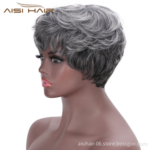 Aisi Hair Synthetic Ombre Grey Hair Bob Style Short Wigs for Women Black Cosplay Short Wigs with Neat Bangs